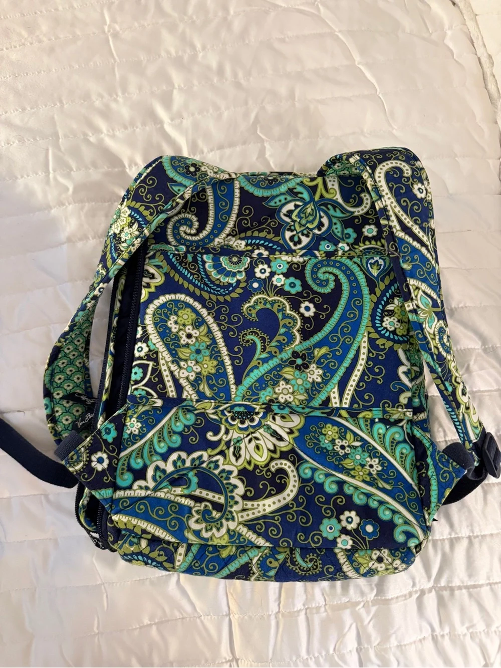 Vera Bradley Navy Floral Paisley Quilted Backpack with Teal & Green Accents